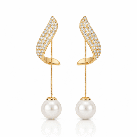 Gold Plated AD Stone Leaf Shape Chain Drop Pearl (Moti) Anti-Tarnish Earrings