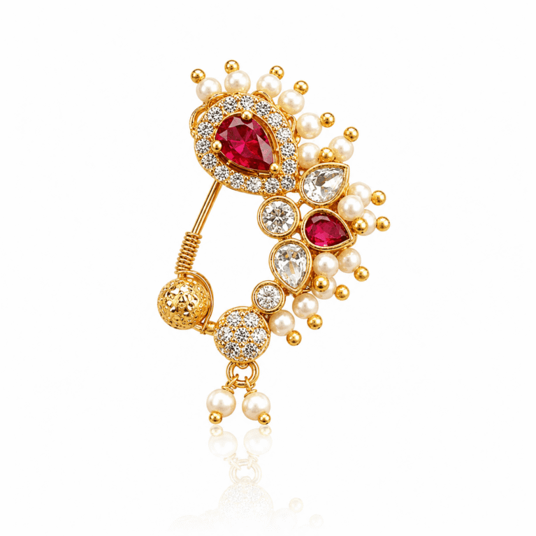 Premium Maharashtrian Gold Plated Ruby & AD Stone Nath