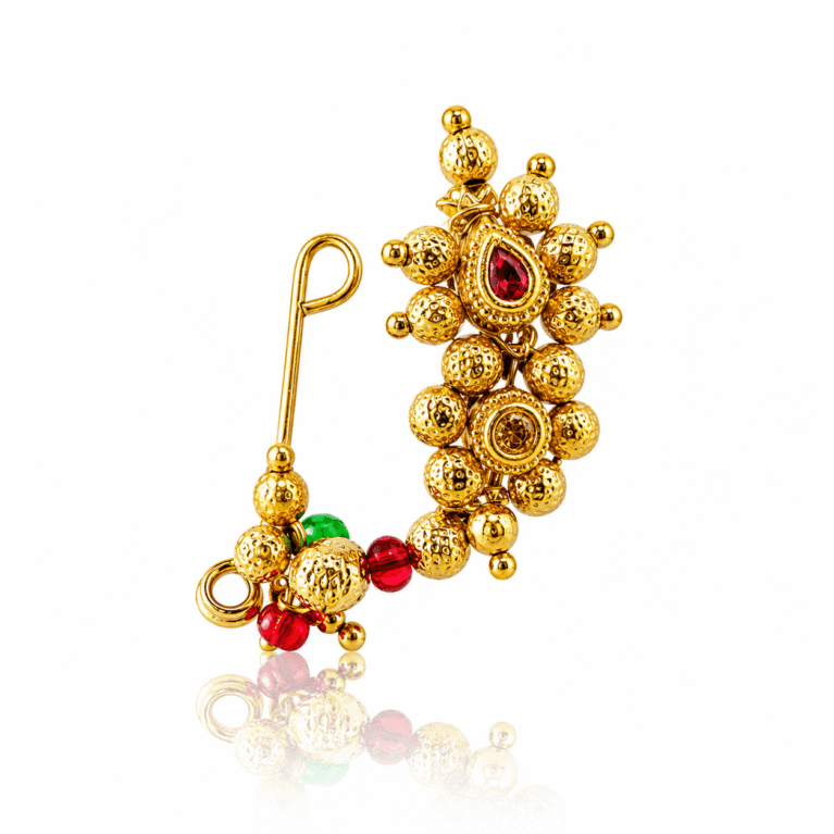 Premium Maharashtrian Gold Plated Ruby Stone Nath