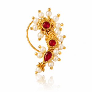 Premium Maharashtrian Gold Plated Ruby Stone & Moti Nath