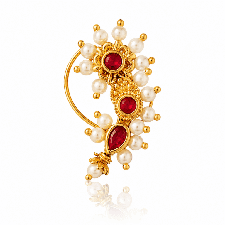 Premium Maharashtrian Gold Plated Ruby Stone & Moti Nath